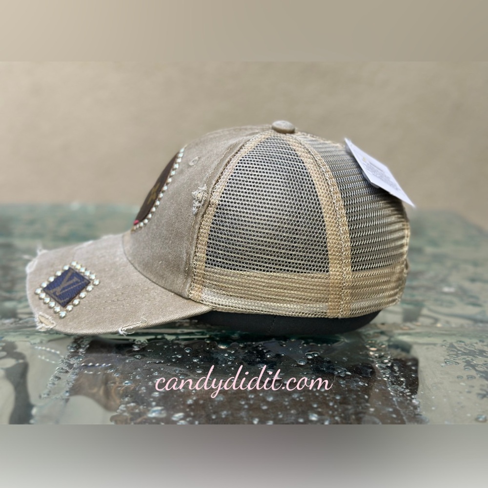 Unique Handmade Cherry Blossom Distressed Studded LV Tan Ball Cap - Picture 8 of 11